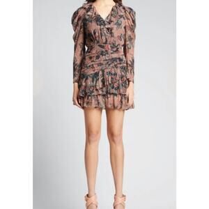 Ulla Johnson Cecily Dress Sz 8 Silk Mini Dress Coral Mauve Metallic Ruffle Tiers